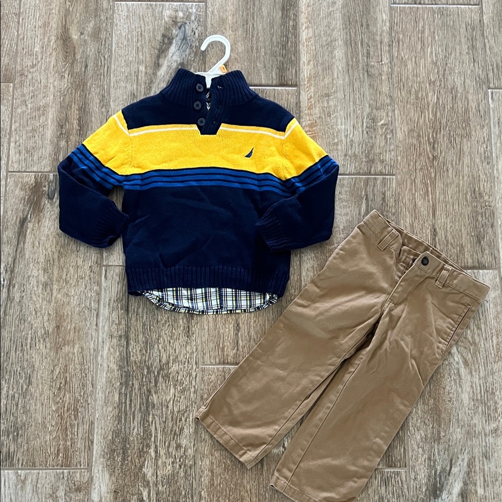 Nautica 3T boy's 3-pc set quarter-zip sweater,plaid button-down shirt, khaki NEW